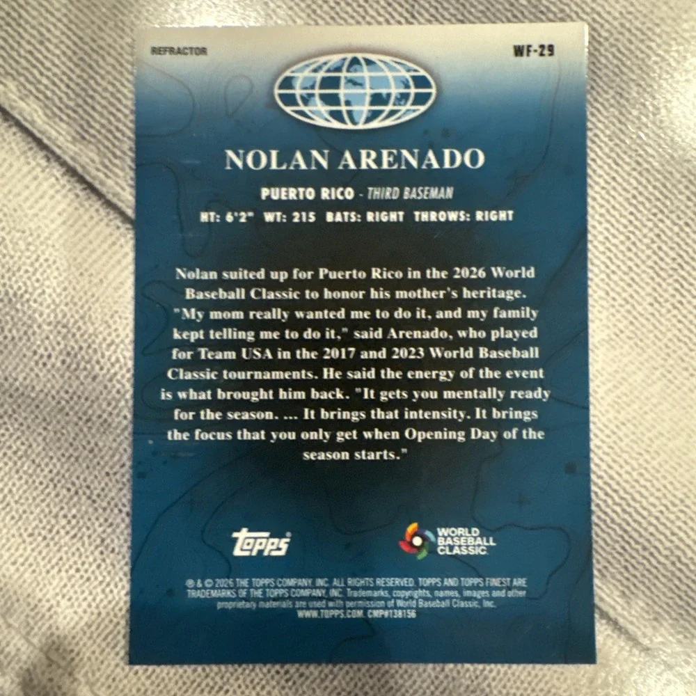2026 Topps Finest #WF-29 Nolan Arenado WORLD'S FINEST Refractor - PUERTO RICO